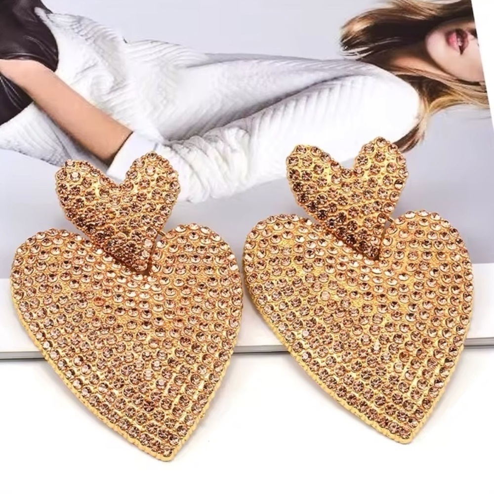 Statement Heart Earrings | Champagne Gold-Tone Rhinestone Drop Dangles - Picture 5 of 11